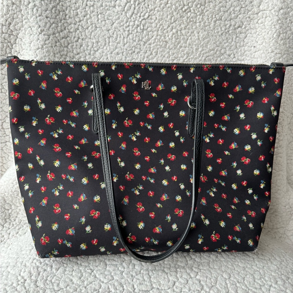 Lauren Ralph Lauren Resort 21 Blooms Floral Canvas Tote Bag Black Multi Color